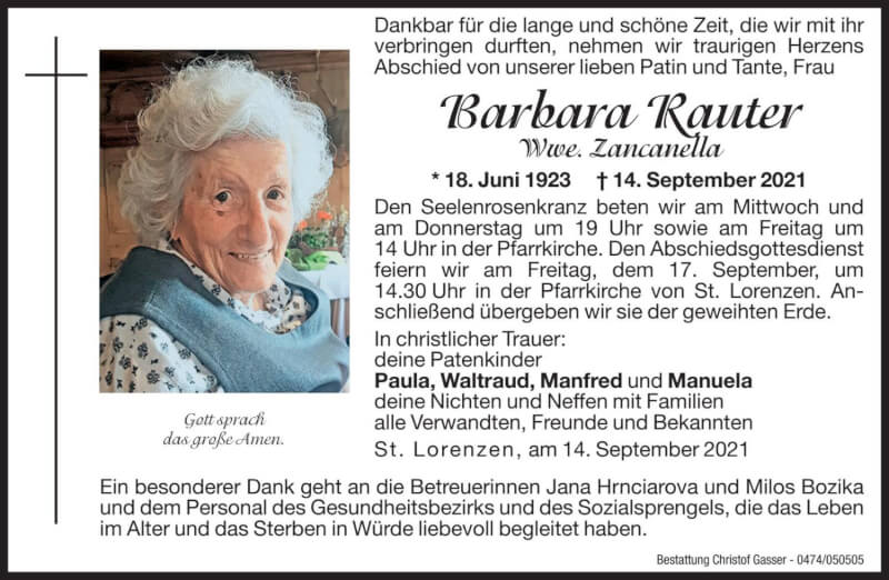  Traueranzeige für Barbara Zancanella vom 15.09.2021 aus Dolomiten