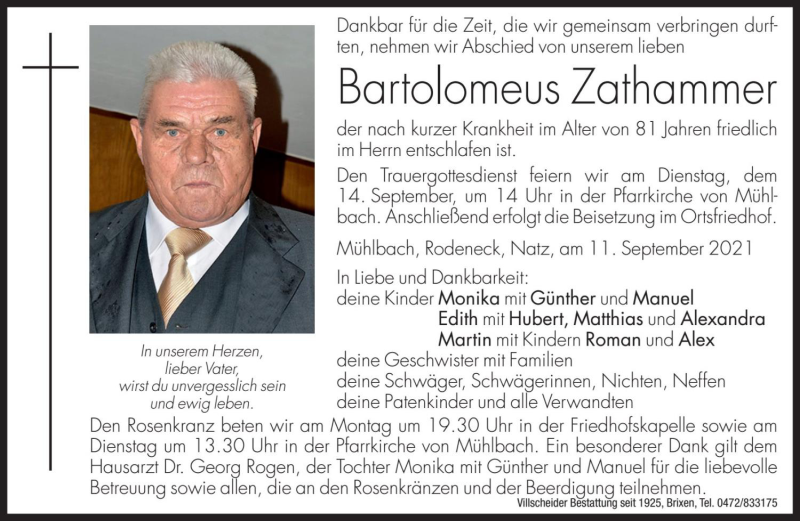  Traueranzeige für Bartolomeus Zathammer vom 13.09.2021 aus Dolomiten