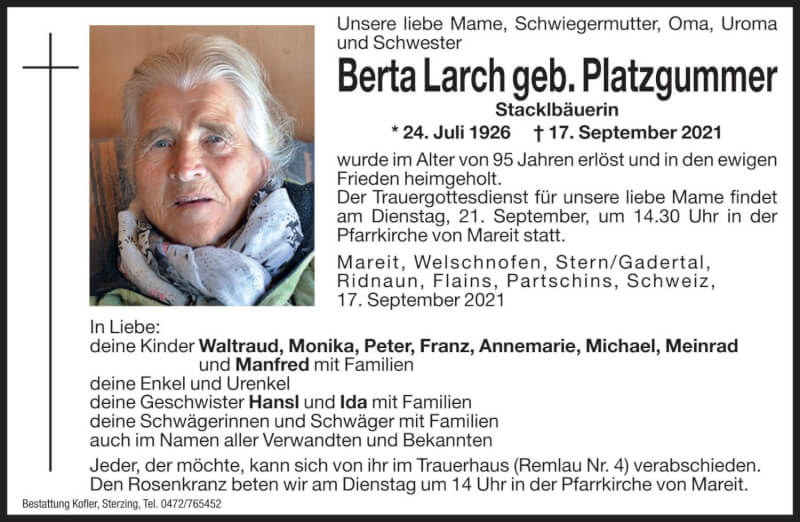  Traueranzeige für Berta Larch vom 20.09.2021 aus Dolomiten