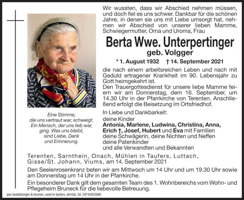  Traueranzeige für Berta Unterpertinger vom 15.09.2021 aus Dolomiten