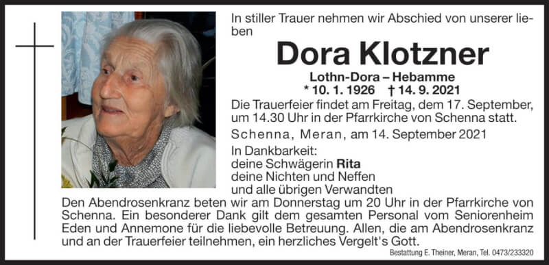  Traueranzeige für Dora Klotzner vom 15.09.2021 aus Dolomiten