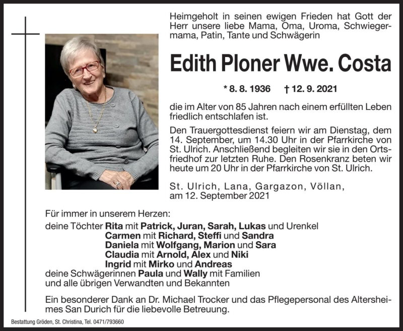  Traueranzeige für Edith Costa vom 13.09.2021 aus Dolomiten