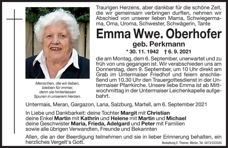  Traueranzeige für Emma Oberhofer vom 08.09.2021 aus Dolomiten