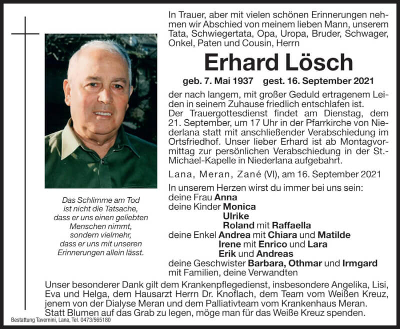  Traueranzeige für Erhard Lösch vom 18.09.2021 aus Dolomiten