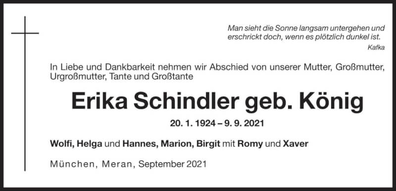  Traueranzeige für Erika Schindler vom 18.09.2021 aus Dolomiten