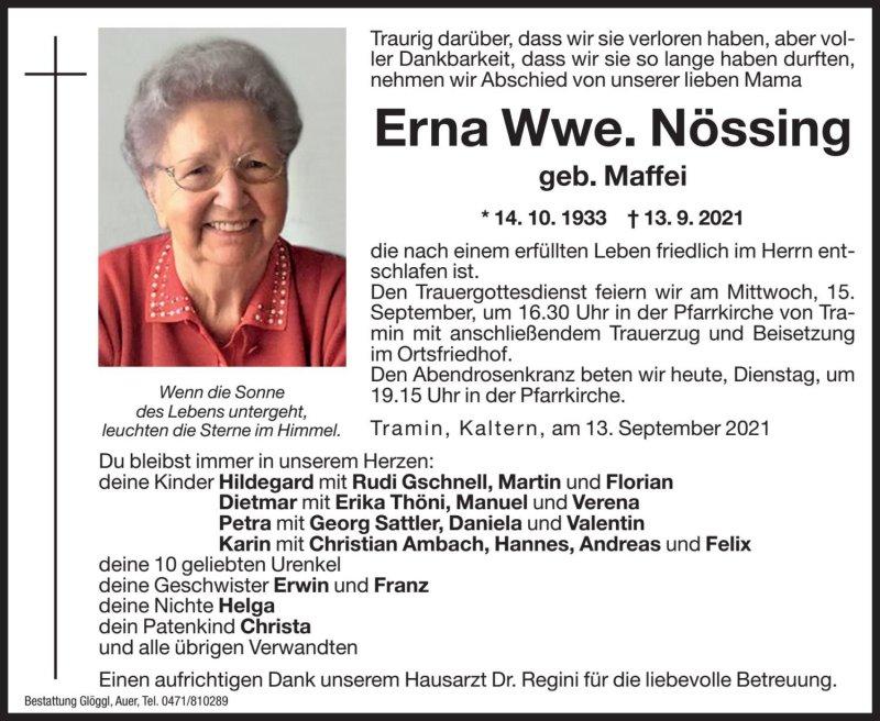  Traueranzeige für Erna Nössing vom 14.09.2021 aus Dolomiten