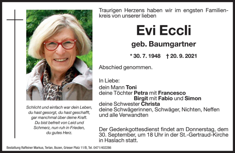  Traueranzeige für Evi Eccli vom 24.09.2021 aus Dolomiten