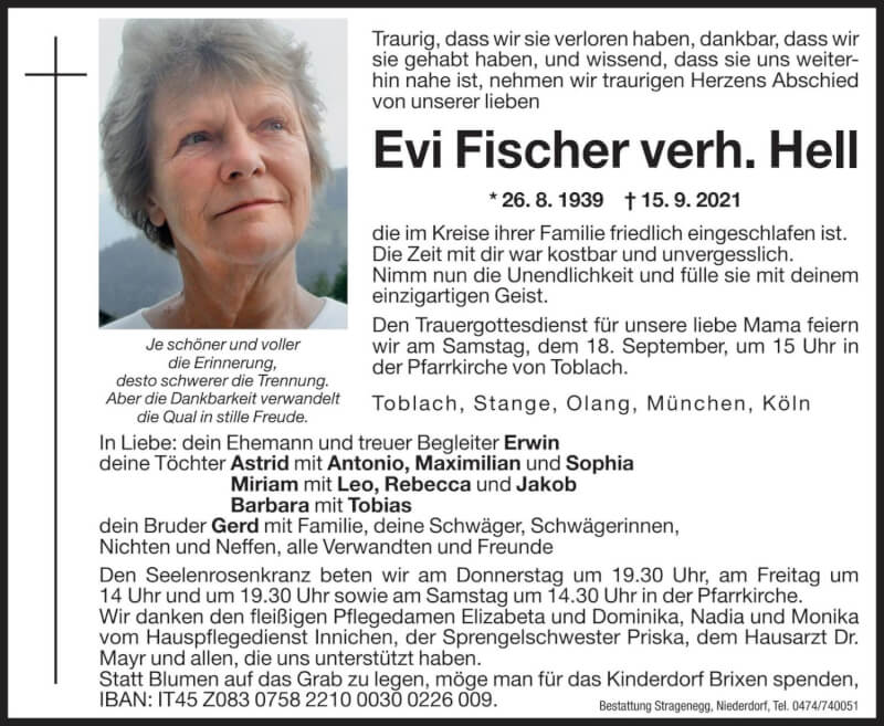 Traueranzeige für Evi Fischer vom 16.09.2021 aus Dolomiten
