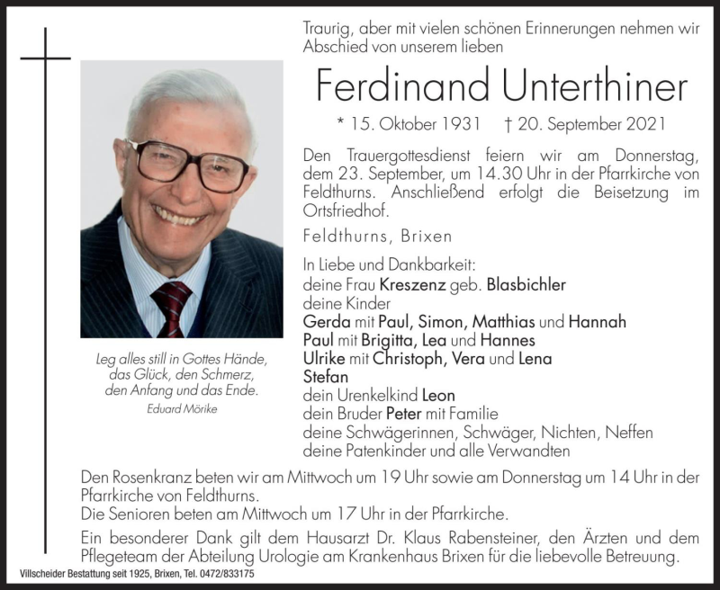  Traueranzeige für Ferdinand Unterthiner vom 22.09.2021 aus Dolomiten