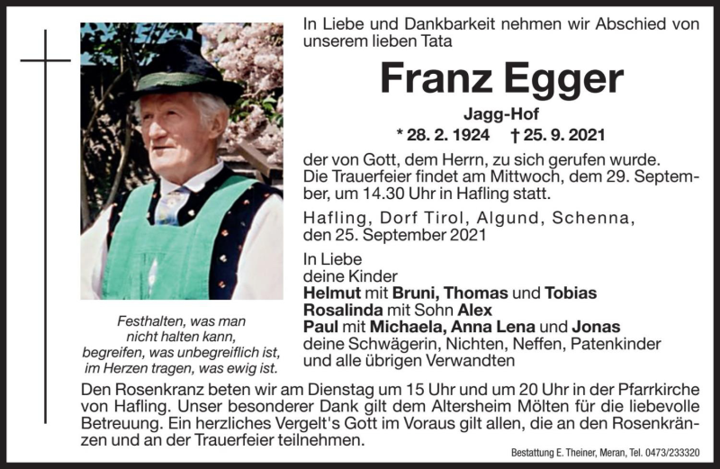  Traueranzeige für Franz Egger vom 27.09.2021 aus Dolomiten