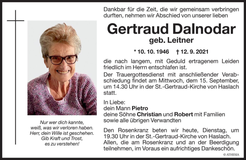  Traueranzeige für Gertraud Dalnodar vom 14.09.2021 aus Dolomiten