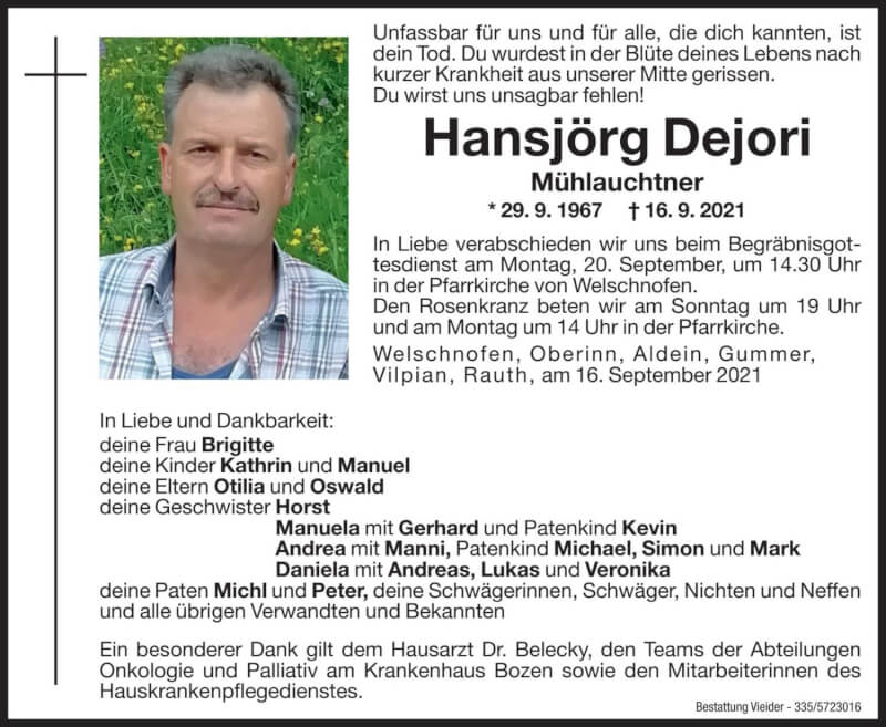  Traueranzeige für Hansjörg Dejori vom 18.09.2021 aus Dolomiten