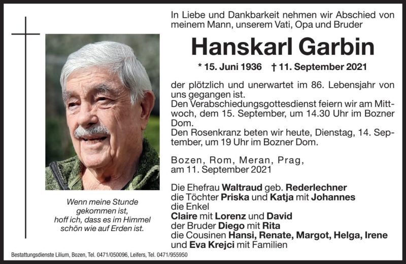  Traueranzeige für Hanskarl Garbin vom 14.09.2021 aus Dolomiten