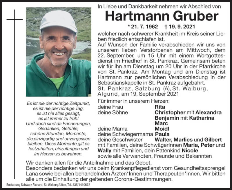  Traueranzeige für Hartmann Gruber vom 20.09.2021 aus Dolomiten