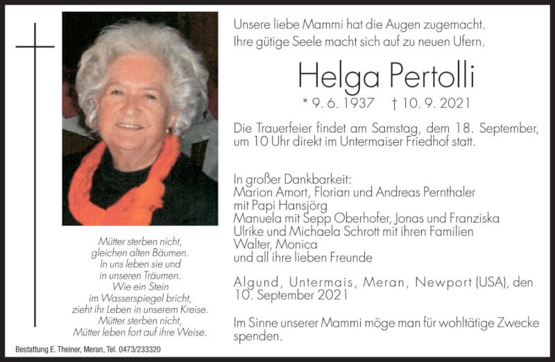  Traueranzeige für Helga Pertolli vom 15.09.2021 aus Dolomiten