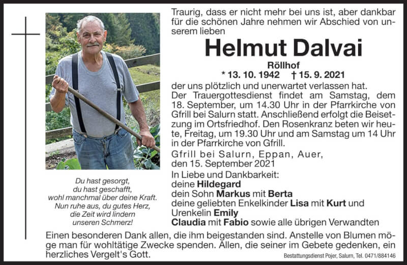  Traueranzeige für Helmut Dalvai vom 17.09.2021 aus Dolomiten