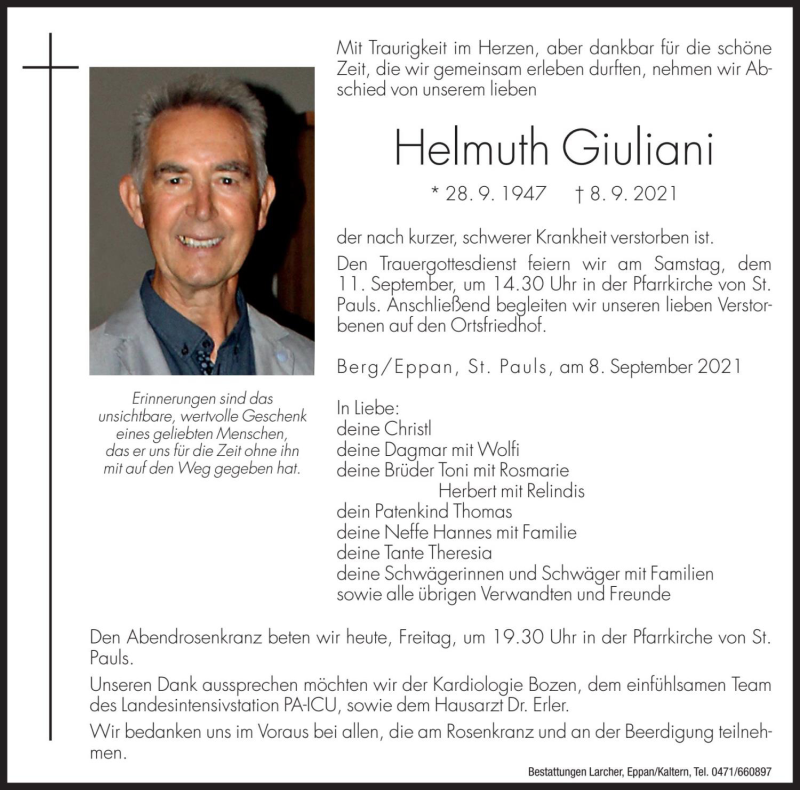  Traueranzeige für Helmuth Giuliani vom 10.09.2021 aus Dolomiten