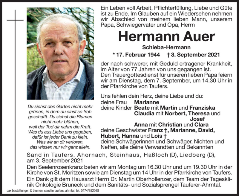  Traueranzeige für Hermann Auer vom 06.09.2021 aus Dolomiten