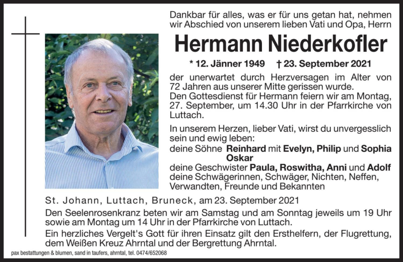  Traueranzeige für Hermann Niederkofler vom 25.09.2021 aus Dolomiten