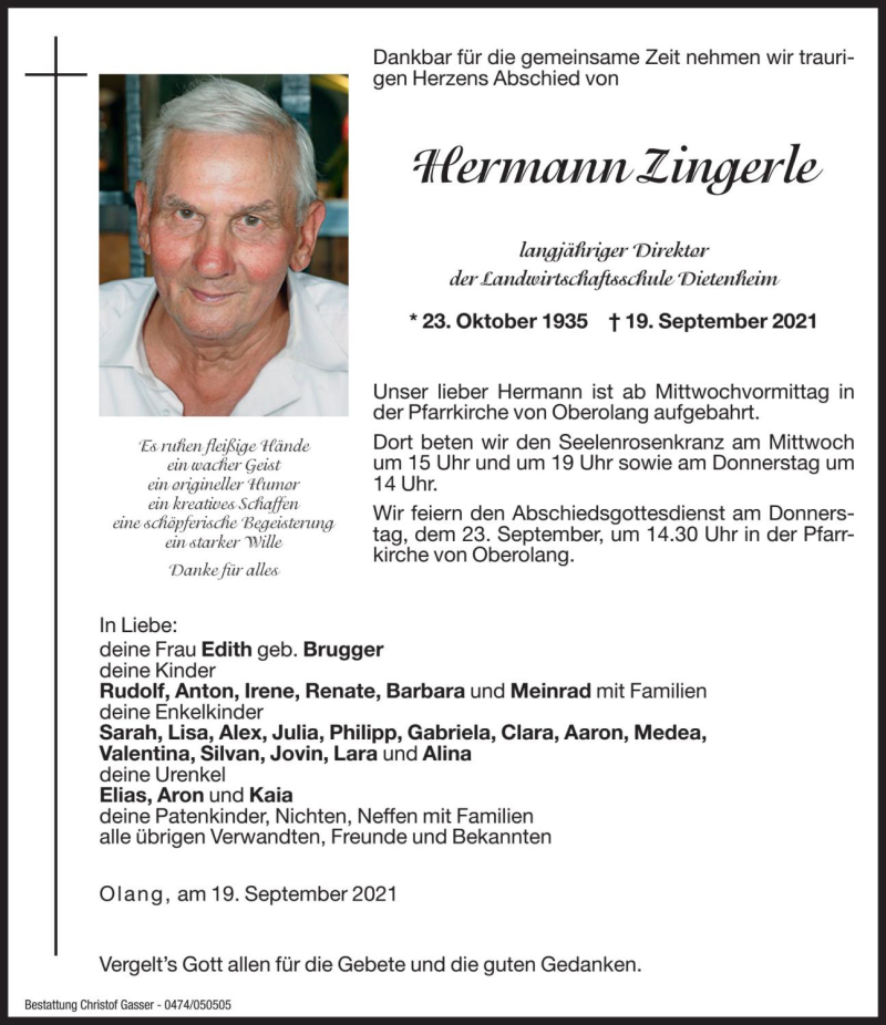  Traueranzeige für Hermann Zingerle vom 22.09.2021 aus Dolomiten