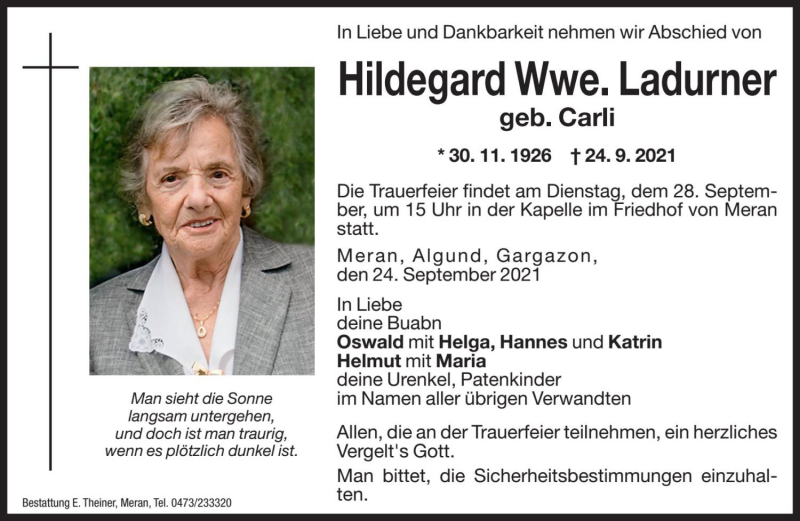  Traueranzeige für Hildegard Ladurner vom 27.09.2021 aus Dolomiten