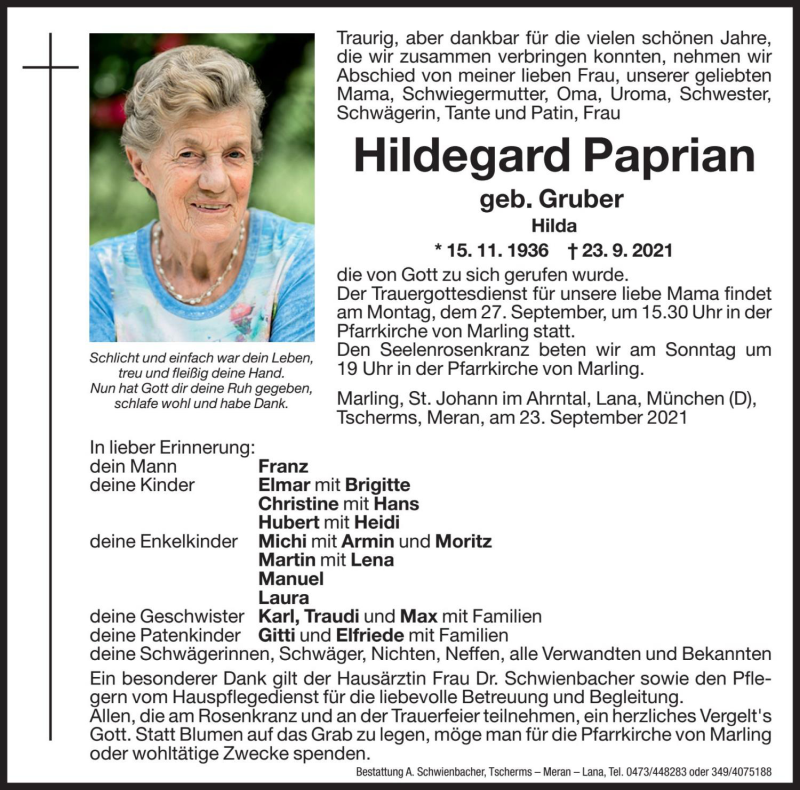  Traueranzeige für Hildegard Paprian vom 25.09.2021 aus Dolomiten