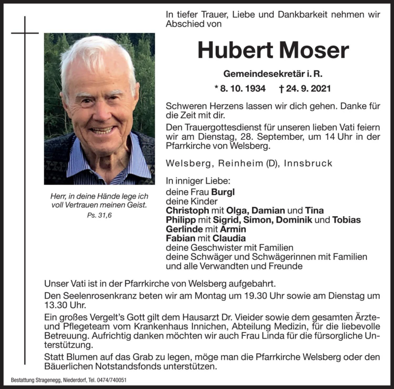  Traueranzeige für Hubert Moser vom 27.09.2021 aus Dolomiten