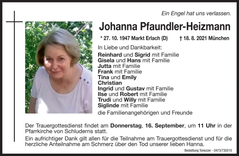  Traueranzeige für Johanna Pfaundler-Heinzmann vom 14.09.2021 aus Dolomiten