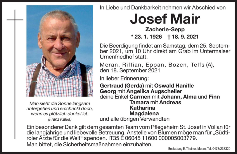  Traueranzeige für Josef Mair vom 23.09.2021 aus Dolomiten