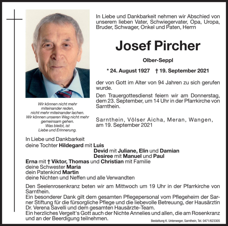  Traueranzeige für Josef Pircher vom 21.09.2021 aus Dolomiten