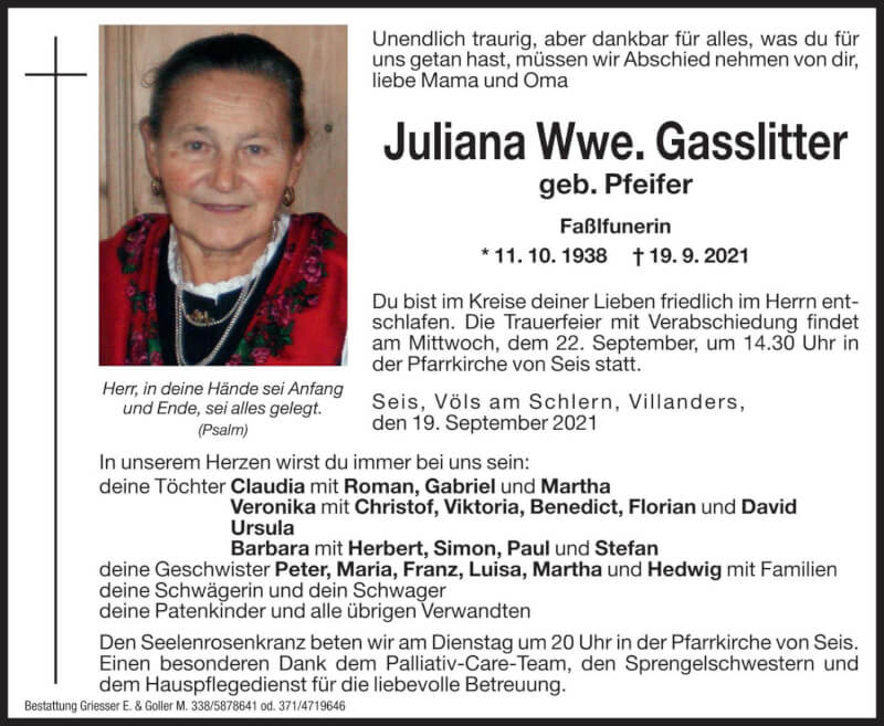  Traueranzeige für Juliana Gasslitter vom 20.09.2021 aus Dolomiten