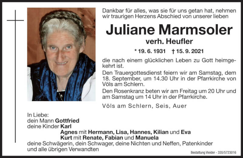  Traueranzeige für Juliane Marmsoler vom 17.09.2021 aus Dolomiten