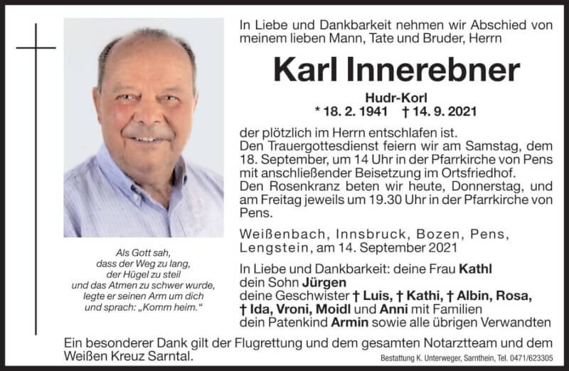  Traueranzeige für Karl Innerebner vom 16.09.2021 aus Dolomiten