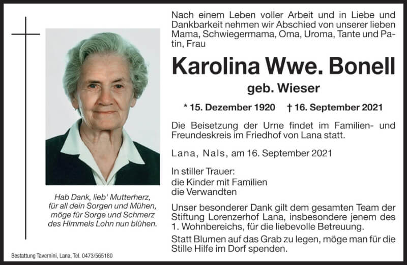  Traueranzeige für Karolina Bonell vom 17.09.2021 aus Dolomiten