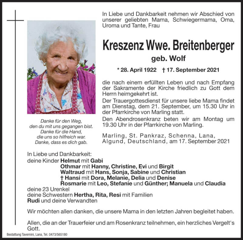  Traueranzeige für Kreszenz Breitenberger vom 18.09.2021 aus Dolomiten