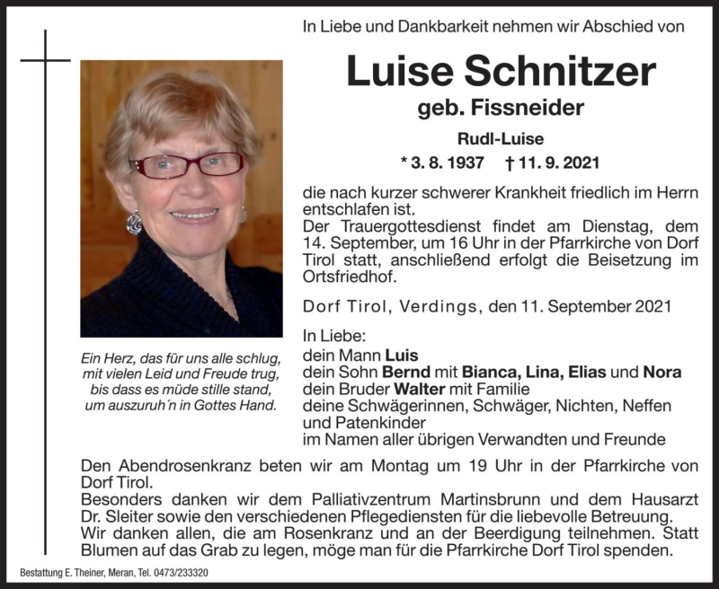  Traueranzeige für Luise Schnitzer vom 13.09.2021 aus Dolomiten