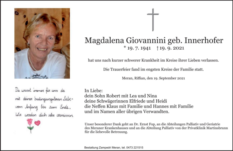  Traueranzeige für Magdalena Giovannini vom 24.09.2021 aus Dolomiten