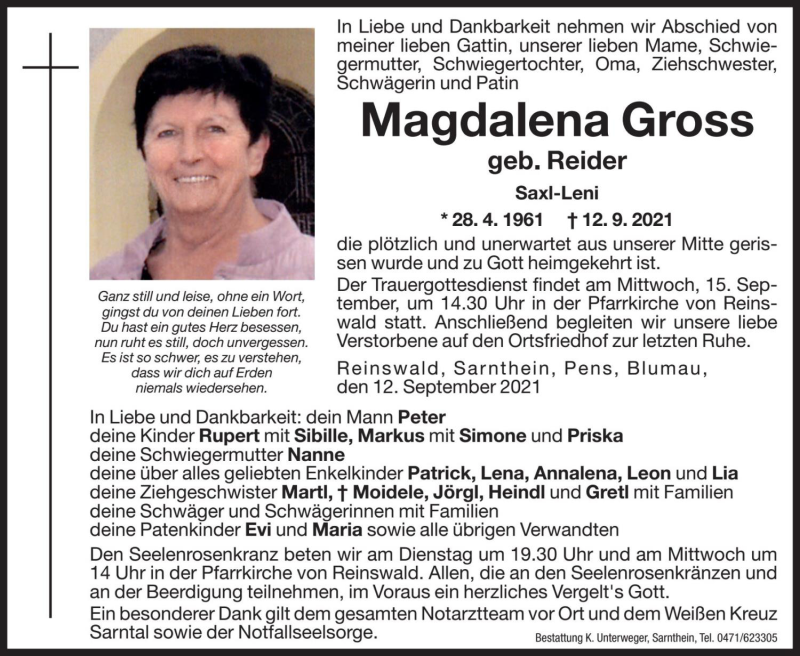  Traueranzeige für Magdalena Gross vom 14.09.2021 aus Dolomiten