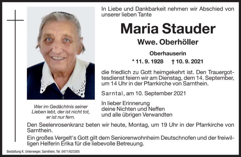  Traueranzeige für Maria Oberhöller vom 13.09.2021 aus Dolomiten