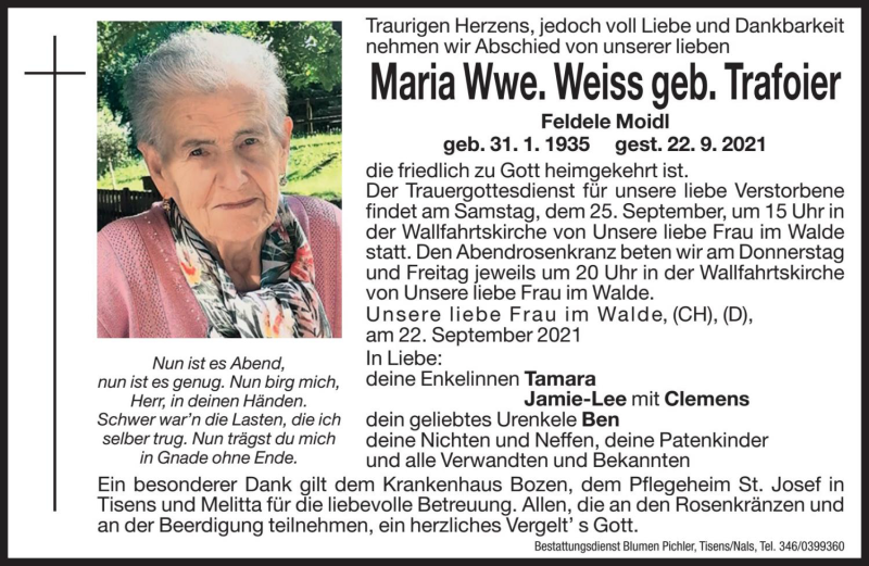 Traueranzeige für Maria Weiss vom 23.09.2021 aus Dolomiten