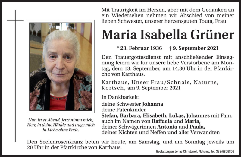  Traueranzeige für Maria Isabella Grüner vom 11.09.2021 aus Dolomiten