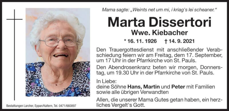  Traueranzeige für Marta Kiebacher vom 15.09.2021 aus Dolomiten