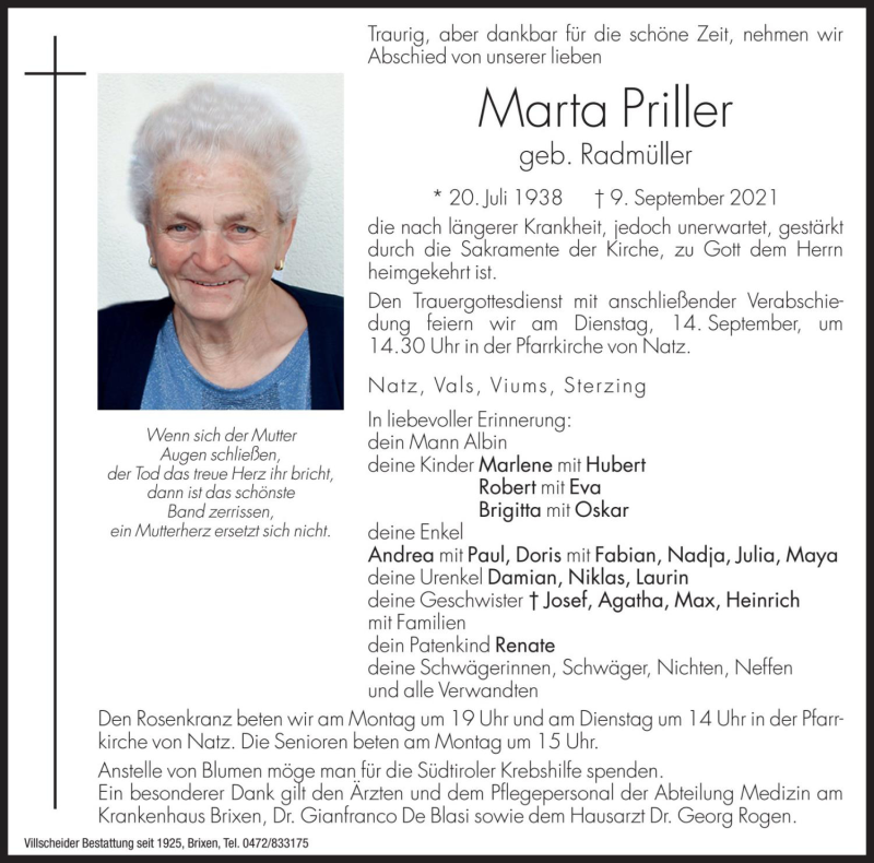  Traueranzeige für Marta Priller vom 13.09.2021 aus Dolomiten