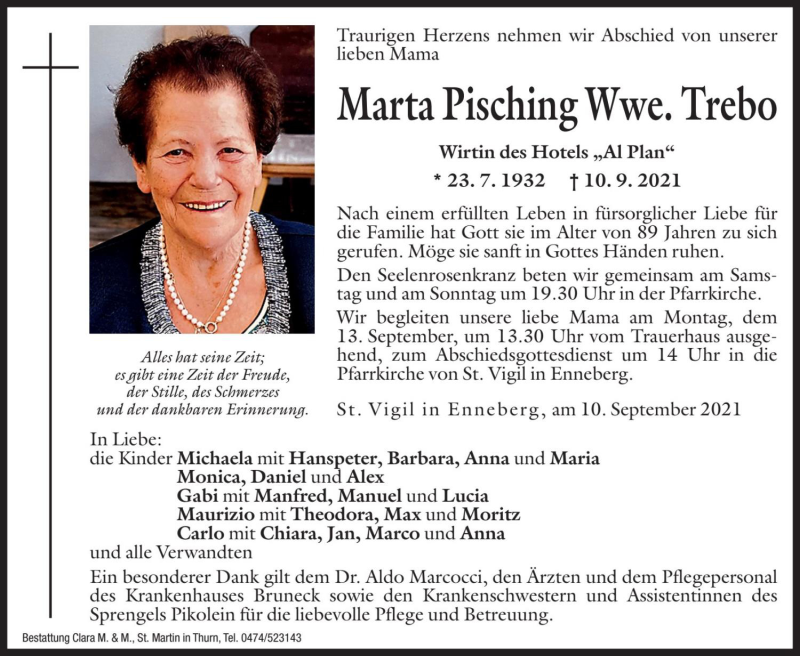  Traueranzeige für Marta Trebo vom 11.09.2021 aus Dolomiten