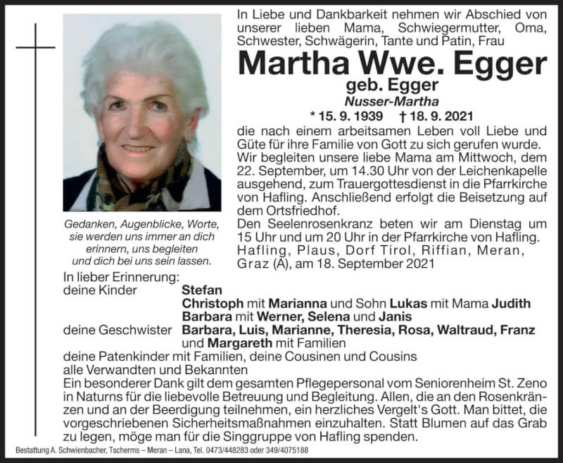  Traueranzeige für Martha Egger vom 20.09.2021 aus Dolomiten
