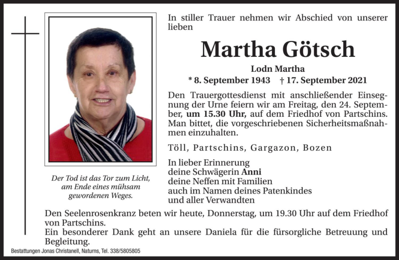  Traueranzeige für Martha Götsch vom 23.09.2021 aus Dolomiten