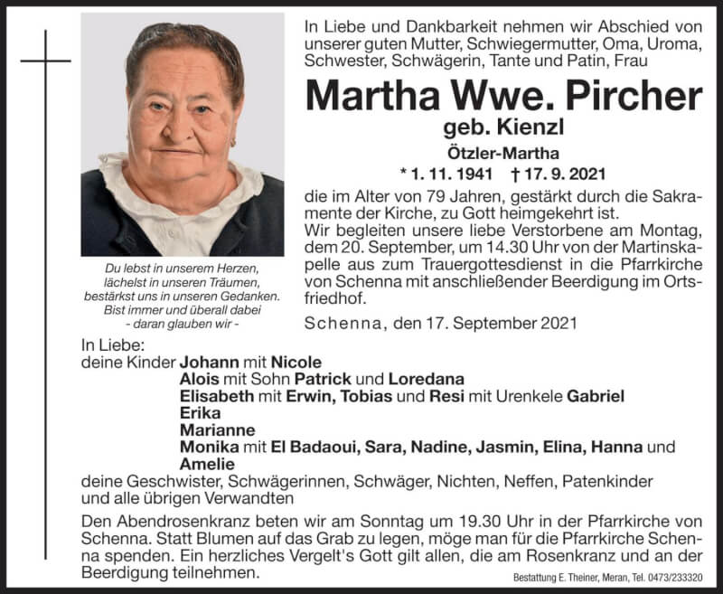  Traueranzeige für Martha Pircher vom 18.09.2021 aus Dolomiten