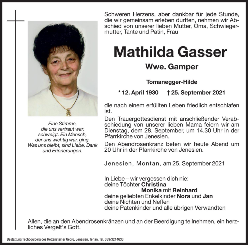 Traueranzeige für Mathilda Gamper vom 27.09.2021 aus Dolomiten
