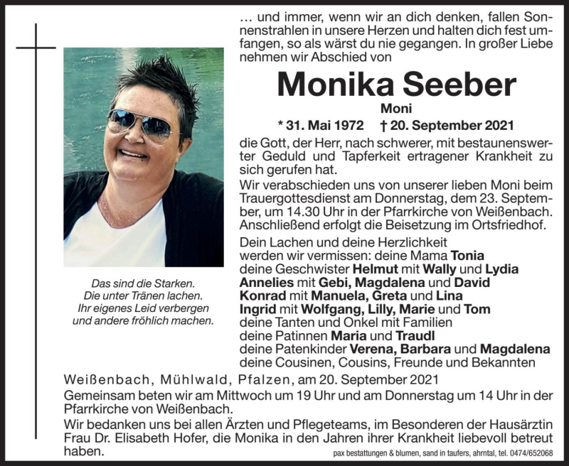  Traueranzeige für Monika Seeber vom 22.09.2021 aus Dolomiten