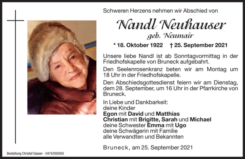  Traueranzeige für Nandl Neuhauser vom 27.09.2021 aus Dolomiten